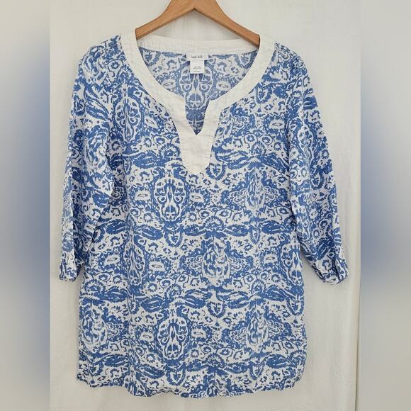 Kate Hill Tops - Kate Hill Linen Tunic Womens Large Coastal ¾ Sleeve Beach Lagenlook Nautical